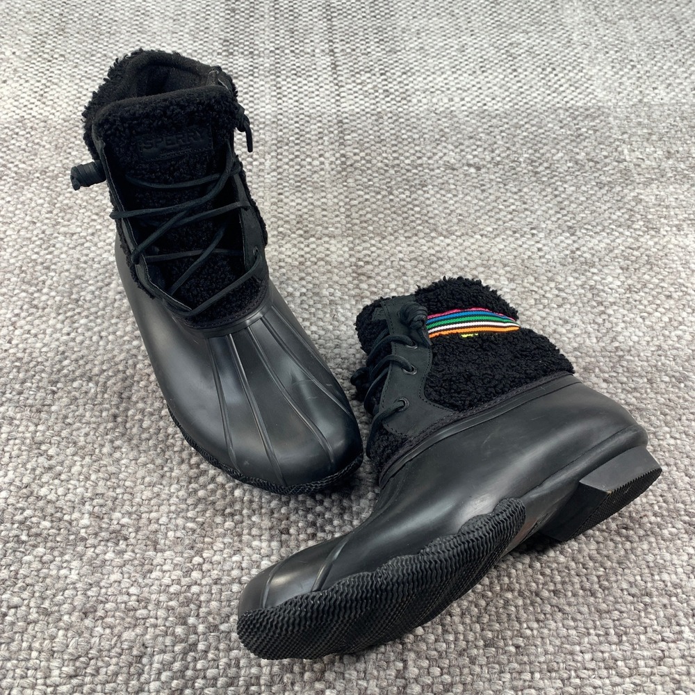 Sperry Saltwater Duck Boots Womens 11 Black Rainbow Faux Fur STS89081